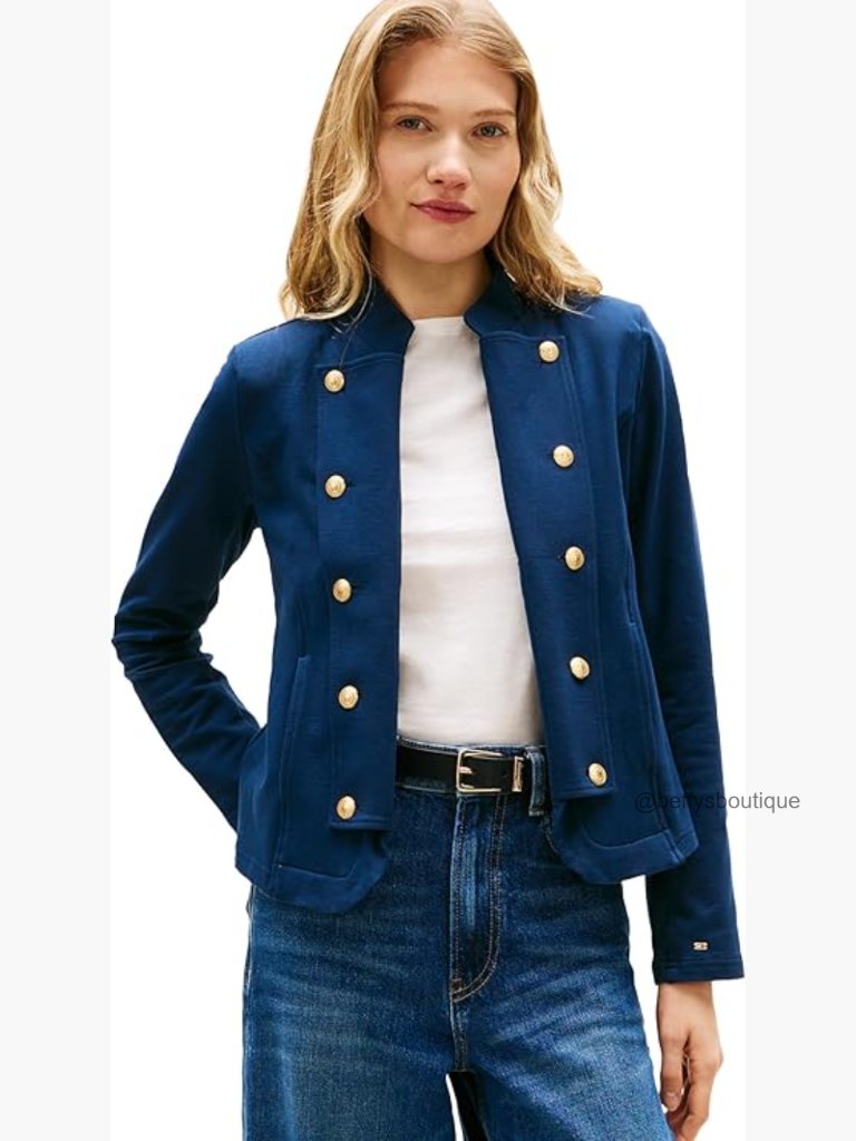 Double Breasted Knit Jacket With Embellished Buttons And Pockets